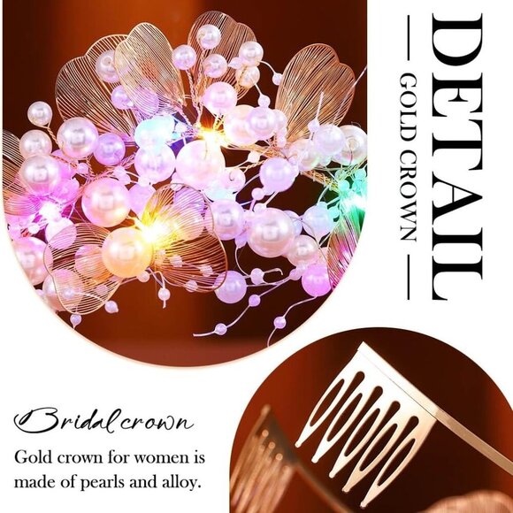 Light Up Pearl Wedding Crowns and Tiaras Gold Flower Bridal Headband Prom Headpi - Picture 4 of 7